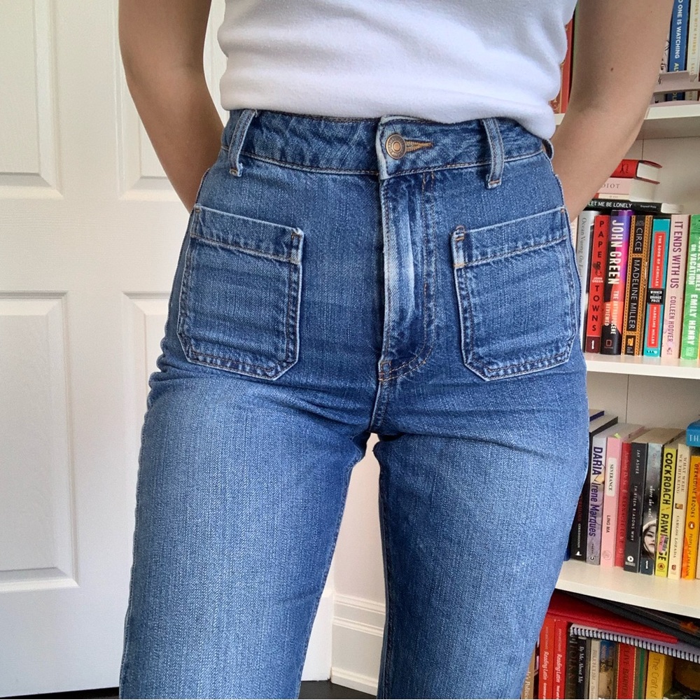 70s style high waisted flare jeans